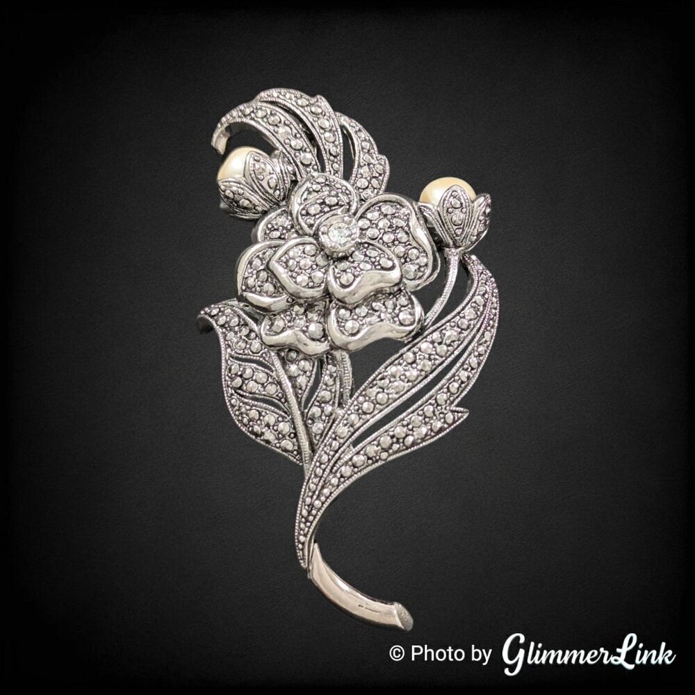 VTG KJL Kenneth Jay Lane For Avon Faux Marcasite Pearl Floral Silver Tone Brooch
